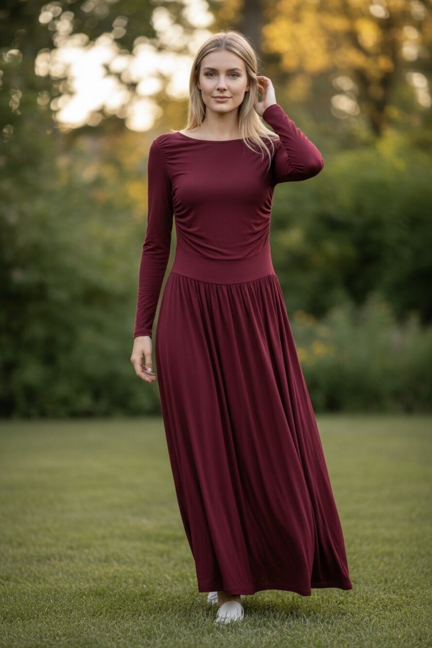 HALARA Dress Size M Maroon Red Maxi NEW Long Sleeve Modest Flattering